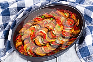 Layered ratatouille in a baking dish, close-up