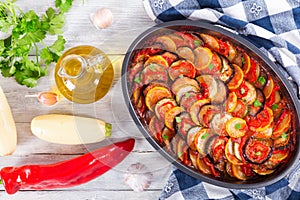 Layered ratatouille in a baking dish, top view