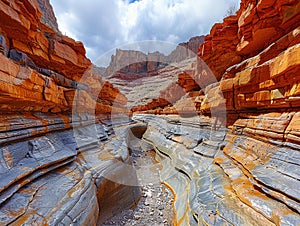 Layered rock formations in a canyon