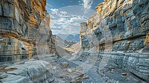 Layered rock formations in a canyon