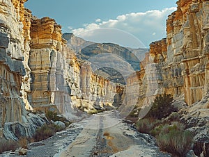 Layered rock formations in a canyon