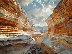 Layered rock formations in a canyon