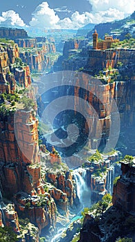 Layered rock formations in a canyon