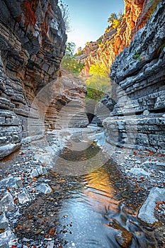 Layered rock formations in a canyon