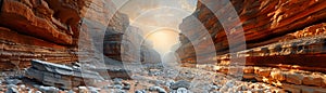 Layered rock formations in a canyon