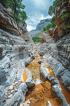 Layered rock formations in a canyon