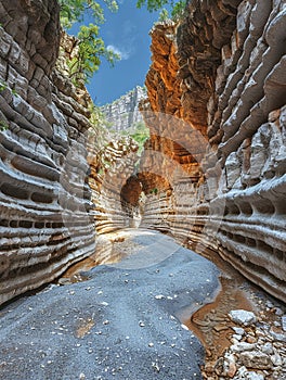 Layered rock formations in a canyon