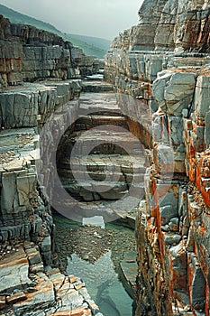 Layered rock formations in a canyon