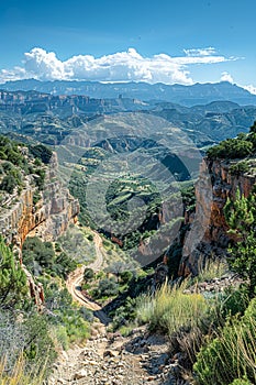 Layered rock formations in a canyon