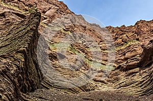 Layered rock formations in the Quebrada de las Conchas, Argentina