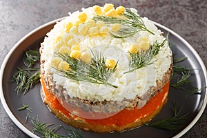 Layered salad mimosa with canned saury, potatoes, cheese, carrots and eggs closeup on the plate. Horizontal