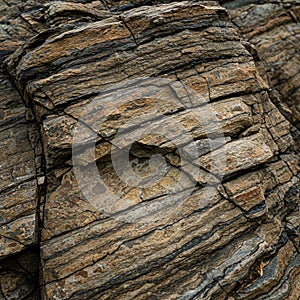 Layered sedimentary rock formation featuring distinct horizontal strata in shades of