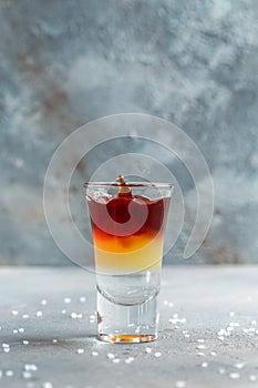 Layered shot cocktails at the bar. alcoholic cocktail drink shot