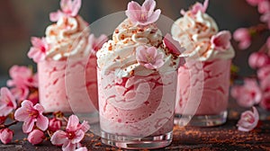 Layered strawberry and vanilla milkshakes with whipped cream and almond flakes in clear glasses