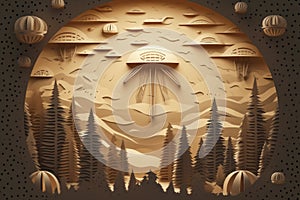 Layered style paper cut illustration of a beige landscape with unidentified flying objects in the sky. Created using generative AI