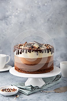 Layered Three Chocolate no baked cheesecake on cake stand