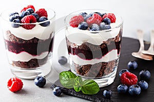 Layered trifle dessert with chocolate sponge cake, whipped cream, berries and fruit jelly in serving glasses