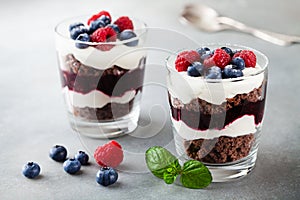 Layered trifle dessert with chocolate sponge cake, whipped cream, berries and fruit jelly in serving glasses