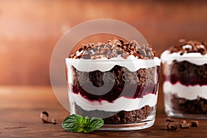 Layered trifle dessert with chocolate sponge cake, whipped cream and fruit jelly in serving glasses