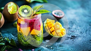 Layered Tropical Fruit Smoothie in Glass Jar