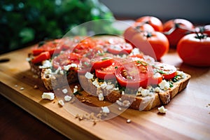 layering sliced fresh tomatoes on bread