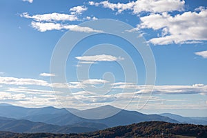 Layers of the Blue Ridge Mountains of North Carolina, blue sky with white clouds above, Appalachian landscape