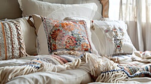 Layers of bohemianinspired textiles like a macrame bed runner and embroidered pillows add a touch of whimsy to this soft photo