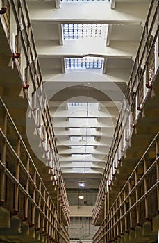 Layers of cells on both sides of hall at Alcatraz, San Francisco, CA, USA