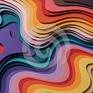Layers of colorful, wavy paper-like shapes overlap, creating a dynamic pattern. The