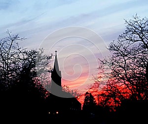 Sunset behind Church in Port Washington Wisconsin