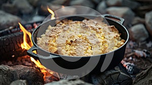 Layers of crumbly ery cornbread mingle with juicy chunks of roasted chicken in this campfire favorite. The bubbling pot