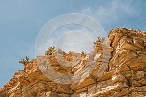 The layers of flagstones with the cactuses on it over blue sky