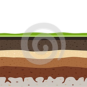 Layers of grass with Underground layers of earth, seamless ground, cut of soil profile with a grass, layers of the earth, clay and photo