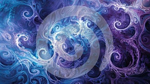 Layers of intricate swirls and loops in different shades of blue and purple merge together creating a dreamy and