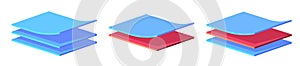 Layers of material fabric blue red 3d stack design, 3 square wave surface batches sheets graphic illustration, three underlay photo