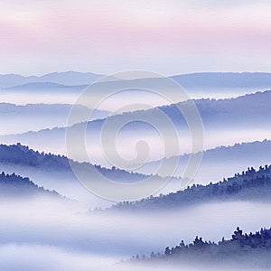 Layers of mist shroud rolling blue hills in this watercolor landscape. The soft gradients photo