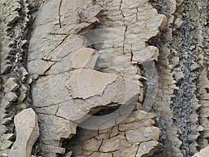 Layers of rock and sediment on the coastal rock