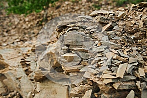 Layers of soil with groundwater. Details of earth layers in a clay pit. Form and colors of soil. Background natural