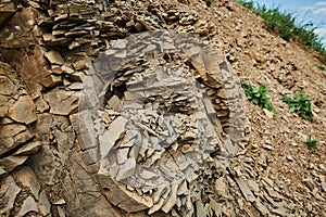 Layers of soil with groundwater. Details of earth layers in a clay pit. Form and colors of soil. Background natural