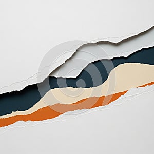 Layers of torn paper create a textured, abstract design. The composition features