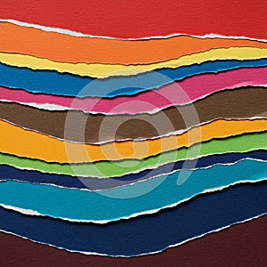 Layers of torn paper, each a different color, arranged horizontally. The colors include