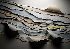 Layers of torn paper form an abstract composition with overlapping edges, creating depth and