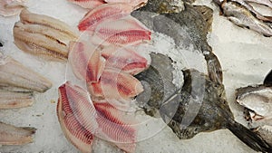 Laying out fresh fish on ice in a grocery store.