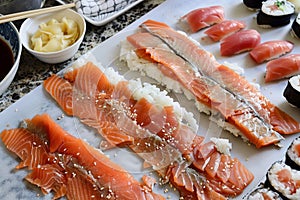 laying out smoked salmon for making sushi