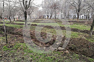 Laying of the sprinkler system of the pipeline in the ground trenches for the underground irrigation system, irrigation