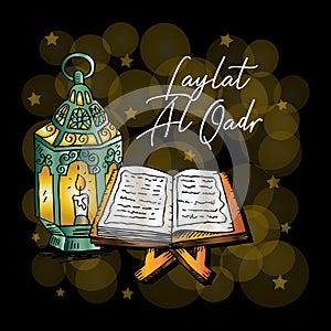 Laylat al-qadr islamic celebration with Quran and lantern.