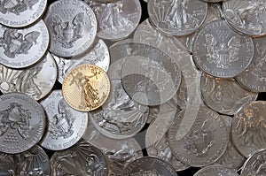 Layout of American Eagle silver dollars and a one ounce gold coin