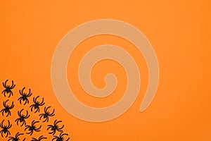Layout of black spiders on an orange background. Halloween concept.Halloween card. Arachnophobia.Entomophobia.Copy space