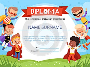 Layout of children`s diploma with cheerful children superheroes. Kids reward