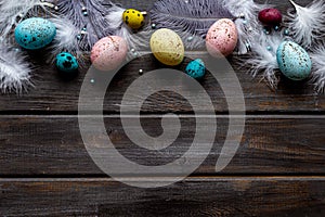 Layout of colorful Easter eggs and birds feather, top view